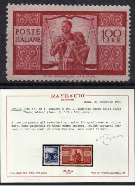 1945 Italia Repubblica "Democratica" Lire 100 Nuovo Mnh** Rr Cert Raybaudi