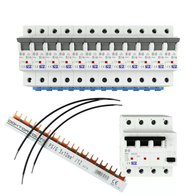 Ensemble 1xFi-Schalter 40A 30mA 12xAutomat B16A 3P 1xPhasenschiene 12p 10mm2