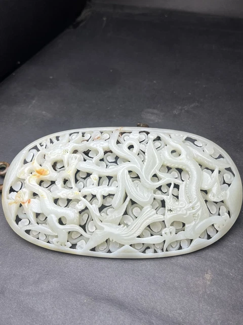 Chinese Exquisite Handmade Dragon Phoenix carving Hetian Jade Statue Pendant