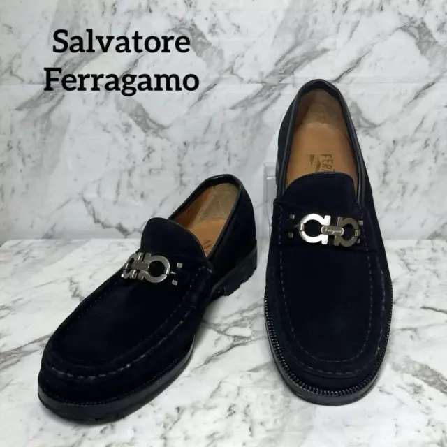 SALVATORE FERRAGAMO GANCINI Bit Loafers Dress Shoes Black Suede Men's 5 ...