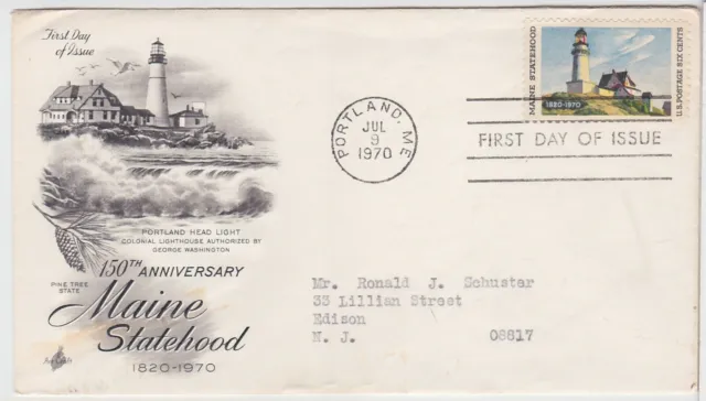 TurtlesTradingPost- Maine Statehood - #1391 1970 FDC - Artcraft Cachet