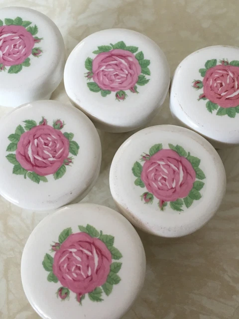Vintage Salvage White Ceramic Pink Rose Drawer Pulls Qty Of 7