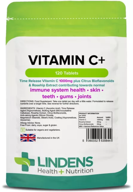 Vitamin C+ 1000mg 120 Tablets Time Release Citrus Rosehip Bioflavanoids Lindens