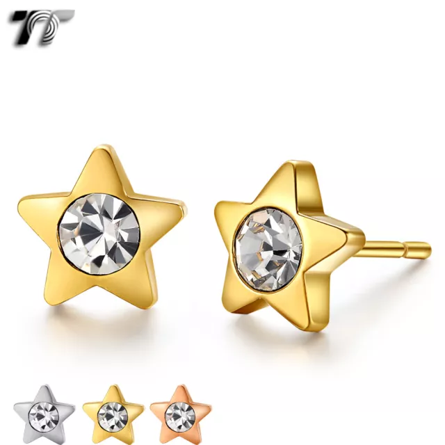 TT Stainless Steel Star Stud Earrings Sparkling CZ 3 Colours (EC72) NEW
