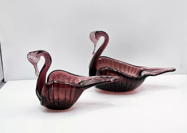 Vintage Amethyst Purple Blown Art Glass Swan Figurine Trinket Dish Ashtray Pair
