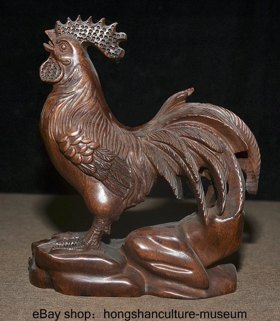 8.4 " China Boxwood Wood Hand Carved Fengshui 12 Zodiac Animal Rooster Statue