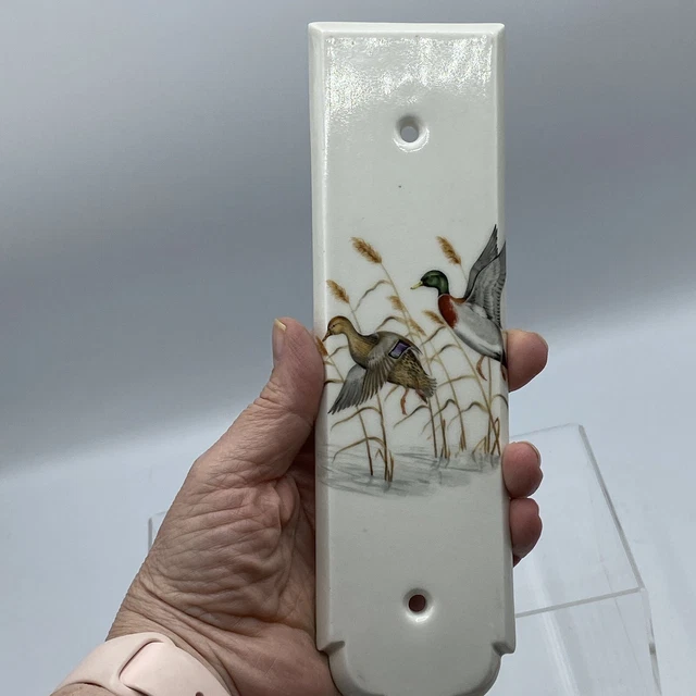 French Porcelain Door Push Finger Plate Ducks Mallard Signed Raymond Vtg Paris
