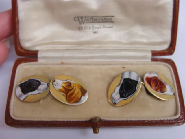 Magnificent 1900 Pair Of Old English 9K Enamel Gold Cufflinks With Original Box 2