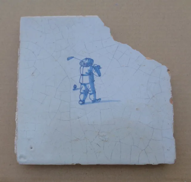 Dug 17th/18th Century Delft Handpainted Dutch Tile Fragment With Golf Player