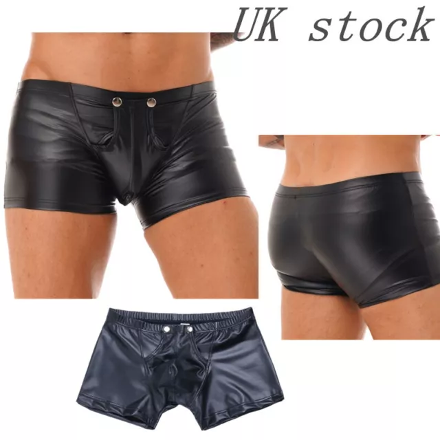 UK Mens PU Leather Boxer Shorts Low Rise Bulge Pouch Underwear Wet Look Clubwear