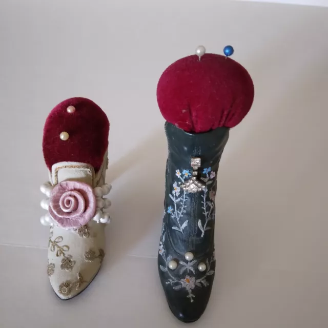 Vtg Pin Cushion Shoes Victorian High Heel Shoe & High Top Shoe Hat Pin Holders