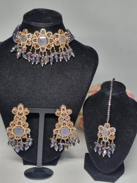 Indian Pakistani Gold Choker Set With Purple And white stones