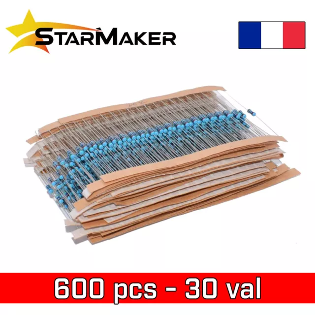 Lot de 600 pcs Résistances 1/4W 1% film métal resistor - Kit 30 Valeurs précises