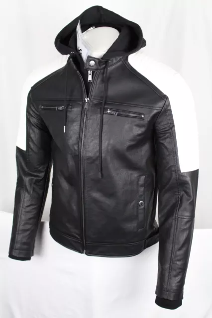 Guess Jeans Men's David Hooded Moto Jacket Full Zip Jet Black/White Faux Leather