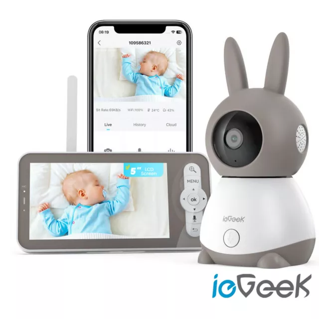 ieGeek Babyphone mit Kamera Drahtlose 2K 3MP 355° PTZ Baby 5" Monitor Temperatur