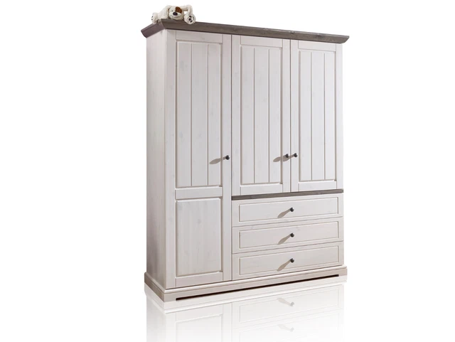 3-türiger Kleiderschrank BABYZIMMER Kinderzimmer TINKA Kiefer massiv Weiß grau