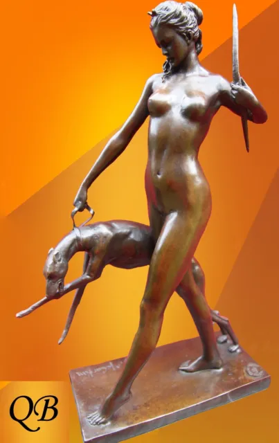 Bronze Figurine Art Deco Sculpture Statue Diana Hound Hot Cast Nude Naked Figure