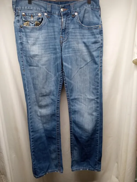 VINTAGE True Religion Jeans Mens 33 Blue Straight Leg Camo Distressed Men 36x33