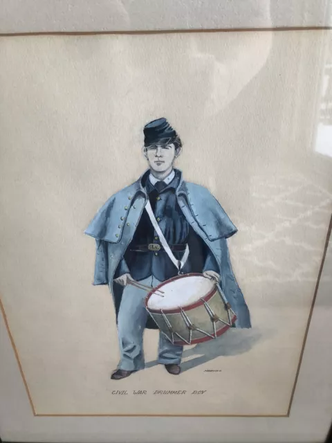 Antique Civil War Union Drummer Boy Watercolor Signed Manning Well Framed Art