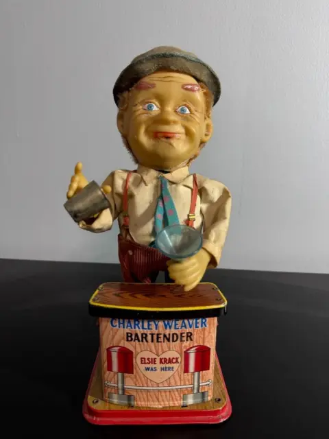 Vintage Charley Weaver Bartender 1960's Rosco Battery Operated Tin Toy