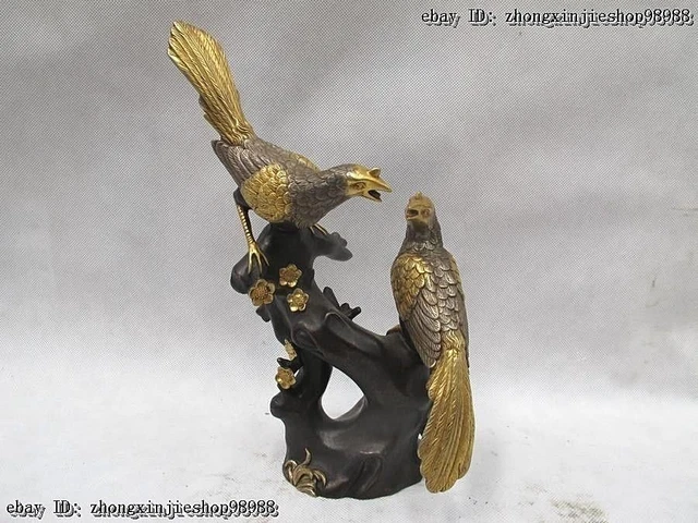 100% Bronze Gold Silver-Gild Fengshui Pied magpie Bird Ride on Plum tree branch