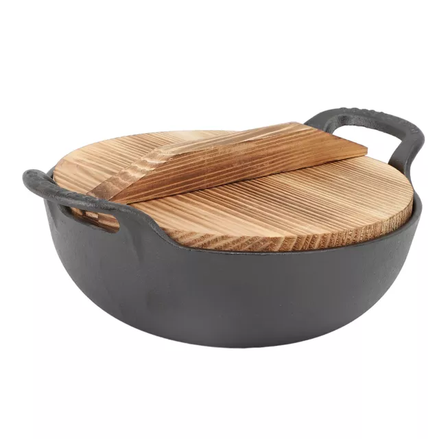 (25cm)Wok En Fonte Avec 2 Poignées Couvercle En Bois Poêle à Frire Avec Base FR