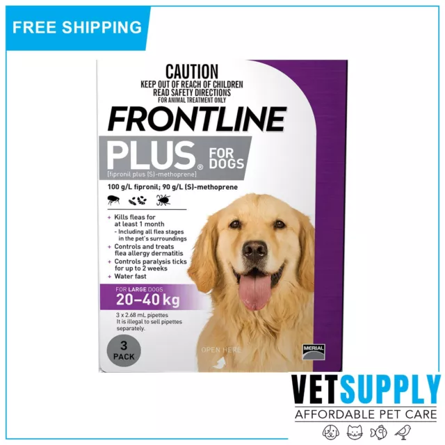 Frontline Plus For Dogs 20 To 40 Kg Purple Flea and Tick Treatment 3 Pipettes