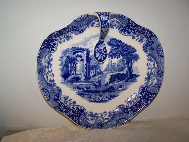 Beautiful Spode Blue Italian Relish / Condiment Open Handle Tray / Dish