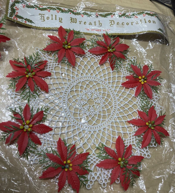 Vintage Plastic Poinsettia Doilies 12” Holly Wreath Decorations White Red Green