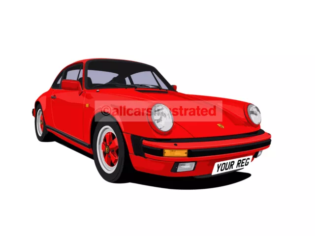 Porsche 911 Car Art Print (Size A3). Choose Your Colour, Add Your Reg Plate