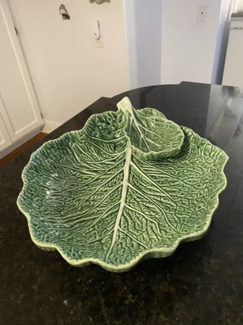 Bordallo Pinheiro Cabbage Leaf Chip & Dip Set~ Portugal~Majolica~13”x11” ~READ