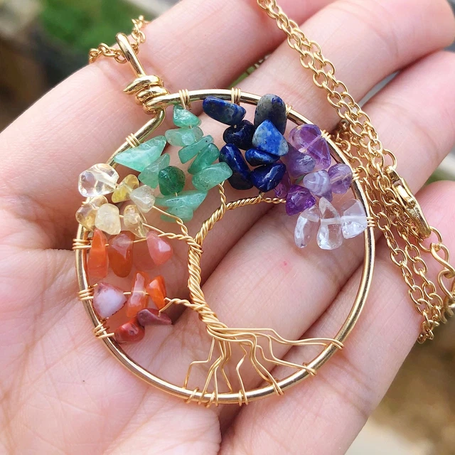 7 Charka Gem Stone Tree Of Life Water-Drop Necklace Chakra Reiki Healing Amulet