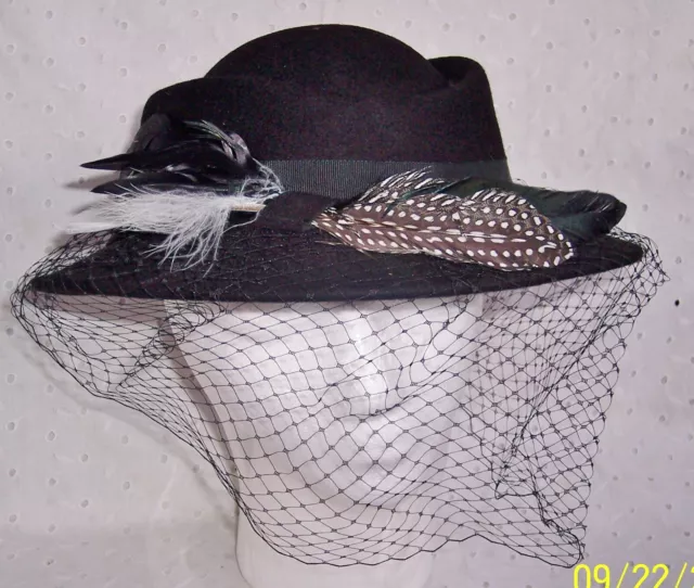 Sombrero Fedora Negra Red De Cara De Novia O Banda Brillante + Plumas Elegante: Tú Eliges 2