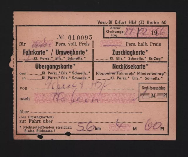 Fahrkarte 1956, nach Erfurt Hbf. 2. Klasse 1 Person