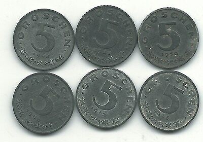 Very Nice Lot 6 Austria 5 Groschen Coins-1950,1955,1963,1966,1972,1980-Jul345