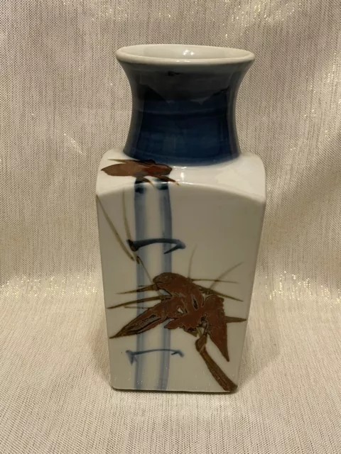 Vintage Asian Art  Pottery  Ceramic Glazed bamboo style vase Blue / White/Brown