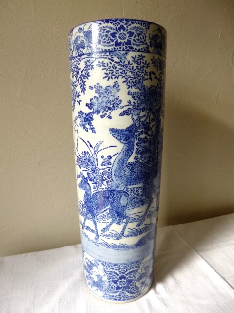 Grand vase rouleau / porte-parapluie  porcelaine bleu/blanc CHINE ?