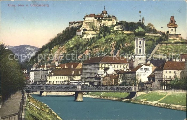 12000207 Graz_Steiermark Mur und Schlossberg Bruecke Uhrturm Wahrzeichen Graz_St