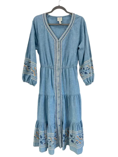St. John's Dress Bay Long Sleeve Embroidered Peasant Size Large Blue