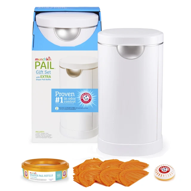 Munchkin Diaper Pail Starter Set, Powered by Arm and Hammer, White