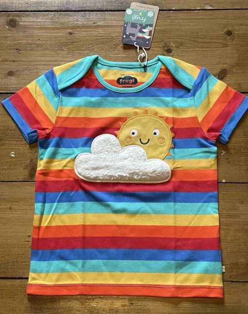 BNWT Frugi Organic Cute rainbow Striped sun T-shirt Top Girls boys 4-5 Years