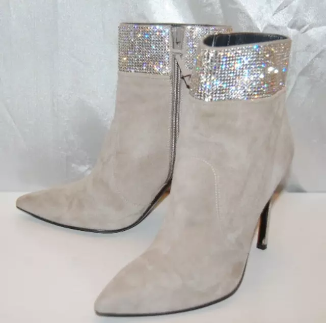 6.5 ❤️STUART WEITZMAN  GRAY Suede Leather crystal HIGH HEEL ANKLE BOOTS BOOTIE