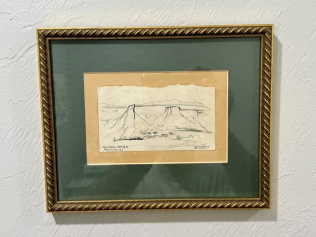 Vintage Miriam Sowers Original Drawing Sketch “Sacred Indian Mountains” Framed