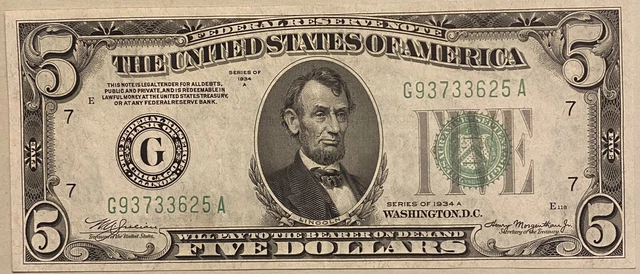 DARK green SEAL $5 1934-A FEDERAL RESERVE NOTE BILL FIVE DOLLARS CHICAGO UNC