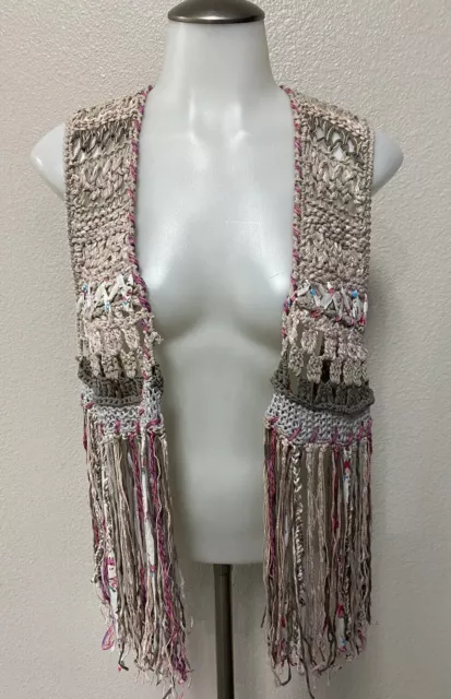 FREE PEOPLE Gray Crochet Fringe Vest Medium Boho Western NWT $128