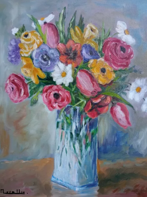 TABLEAU HUILE SUR toile Fleurs dans un vase en verre signé EUR 40,00 ...
