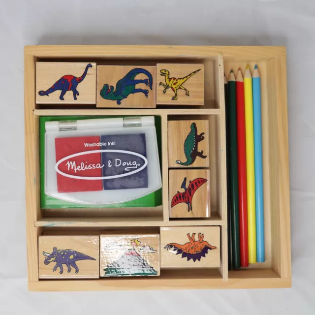 Melissa & Doug Wooden Dinosaur Stamp Set USED with DRY Stamp Pad Blue and Red