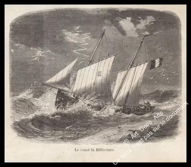 Naufrage de l'aviso Duroc le canot la Délivrance Nouvelle-Calédonie Gravure 1857