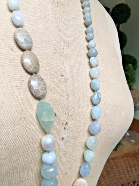 Aquamarine Fossil Coral Pearl Druzy Necklace ESTATE