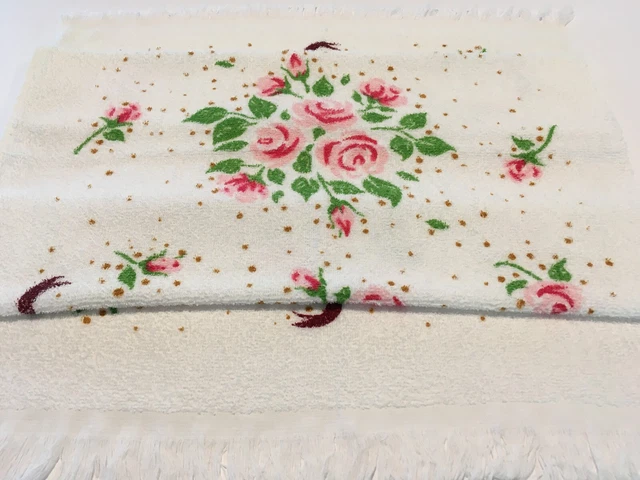VTG Leshner MCM Pink Rose Bouquet Floral Towel Romantic Cottage Core Shabby Chic